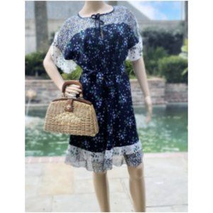 Ann Taylor Navy Floral Shift Dress with Belt, Ruffle Bottom & Split Sleeves
